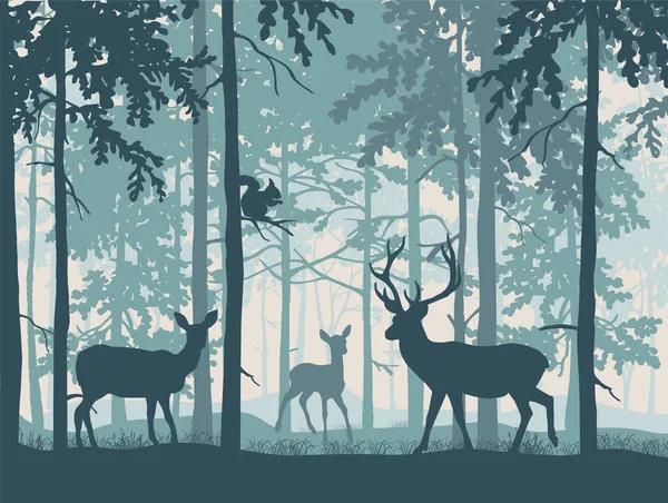 Deer Doe Fawn Magic Misty Forest Squirrel Branch Silhouettes Trees — Archivo Imágenes Vectoriales