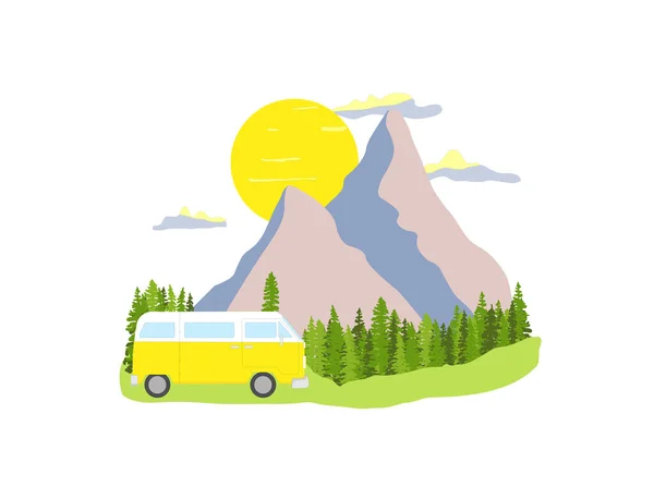 Camionnette Rétro Jaune Avec Forêt Montagnes Arrière Plan Vivre Vie — Image vectorielle
