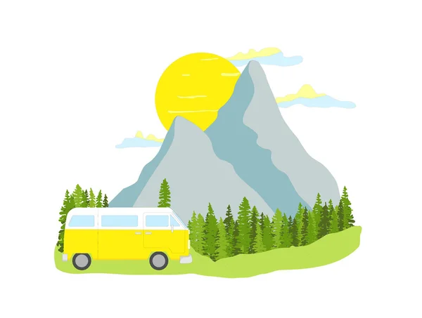 背景に森や山と黄色のレトロなキャンパーバン 生活バンの生活は 自然の中でキャンプ ライトカラーイラスト — ストックベクタ