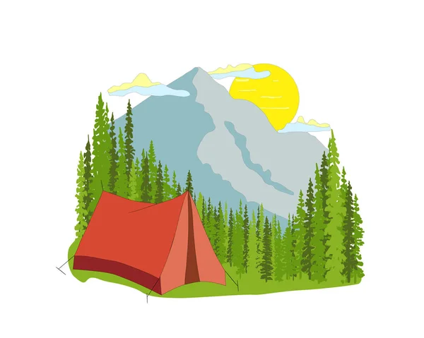 雲の中に森と青の山々と赤のテント 白を基調としたシンプルなフラットデザインイラスト 野生動物 自然の中でキャンプ — ストックベクタ
