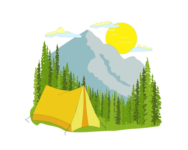 雲の中に森と青の山々と黄色のテント 白を基調としたシンプルなフラットデザインイラスト 野生動物 自然の中でキャンプ — ストックベクタ