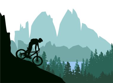 Vahşi doğa manzarasında bir dağ bisikletçisi silueti. Dağlar, orman ve arka planda göl. Yeşil Resim.