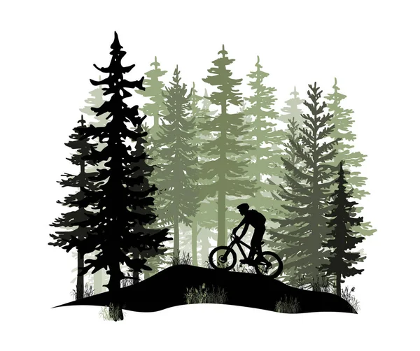 Silhouette Mountain Bike Cavaliere Paesaggio Naturale Selvaggio Sfondo Della Foresta — Vettoriale Stock