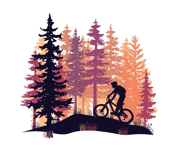 Silhouette Mountain Bike Cavaliere Paesaggio Naturale Selvaggio Sfondo Della Foresta — Vettoriale Stock