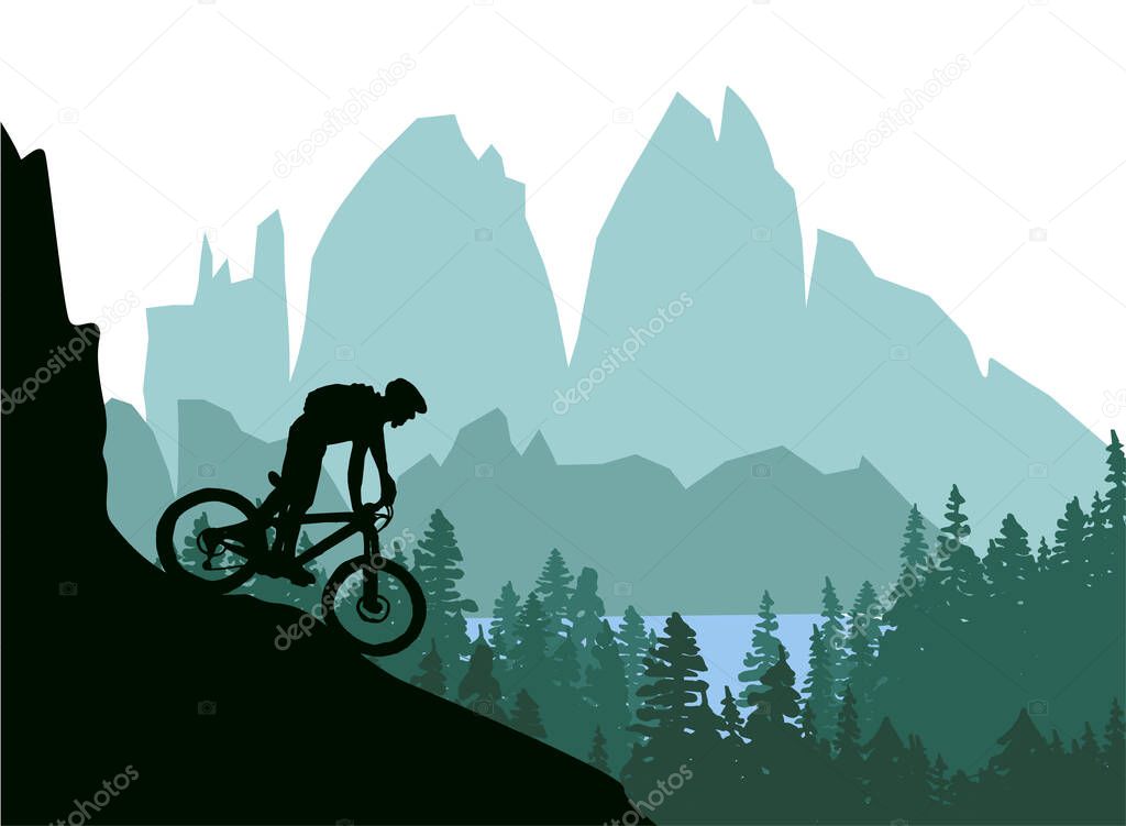 Silhouette of mountain bike rider in wild nature landscape. Mountains, forest and lake in background. Green illustration.
