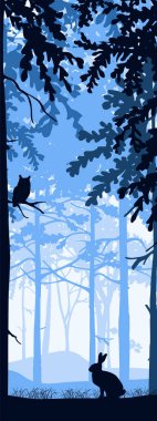 Orman zeminli dikey afiş. Tavşan yerde, baykuş ağaçta. Ağaçların siluetleriyle büyüleyici sisli bir manzara. Mavi illüstrasyon. Yer İmi.