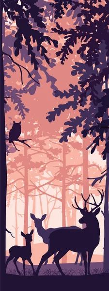 Bandeira Vertical Paisagem Florestal Veado Com Corça Fawn Floresta Nebulosa —  Vetores de Stock