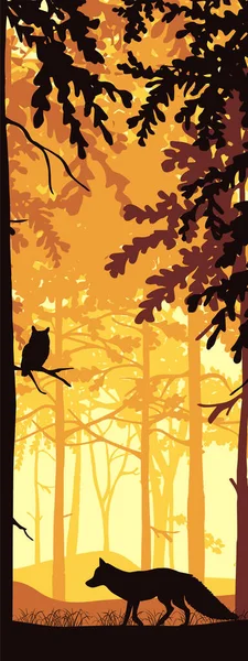 Orman manzarasının dikey bayrağı. Sihirli sisli ormanda tilki ve baykuş. Ağaçların ve hayvanların siluetleri. Turuncu, sarı, siyah arka plan, illüstrasyon. Yer İmi.