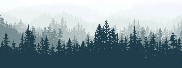 Poziomy Sztandar Tła Lasu Sylwetki Drzew Magiczny Mglisty Krajobraz Mgła — Wektor stockowy