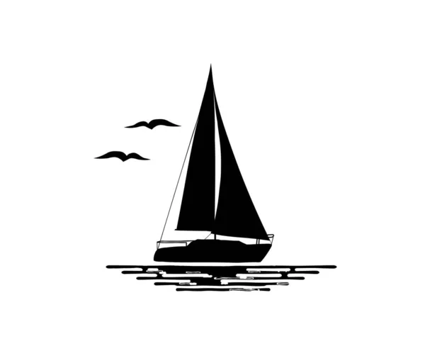 Черно Белая Иллюстрация Парусной Лодки Белом Фоне Вода Птицы Силуэты — стоковый вектор