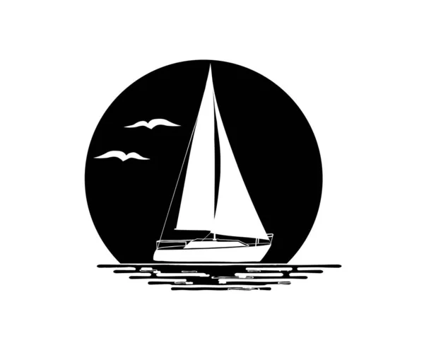 Fekete Fehér Illusztrációja Vitorlás Hajó Elszigetelt Fehér Háttér Víz Madarak — Stock Vector