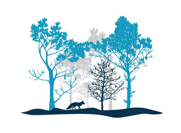 Ensemble Arbres Bleus Gris Renard Silhouettes Forêt Animaux Illustration Isolée — Image vectorielle