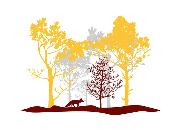 Ensemble Arbres Rouge Orange Gris Renard Silhouettes Forêt Animaux Illustration — Image vectorielle