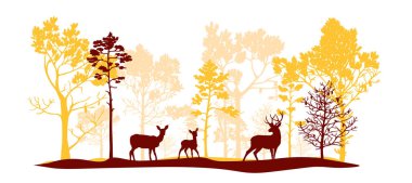 Kırmızı, turuncu, farklı şekil ve boyutlarda pembe ağaçlar geyik, geyik, geyik, geyik, geyik. Fırça. Orman ve hayvan siluetleri. Resimler beyaz arkaplanda izole edildi.