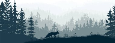 Yatay pankart. Ormandaki çayırda duran tilki silueti. Hayvan silueti, ağaçlar, çimenler. Sihirli sisli manzara, sis. Mavi ve gri çizimler. Yer İmi.