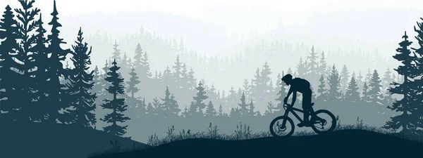 Horizontale Banner Silhouet Van Mountainbike Rijder Weide Bossen Silhouet Van — Stockvector