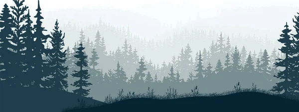 森や牧草地の水平方向のバナー 木々や草のシルエット 魔法の霧の風景 青とグレーのイラスト ブックマーク — ストックベクタ