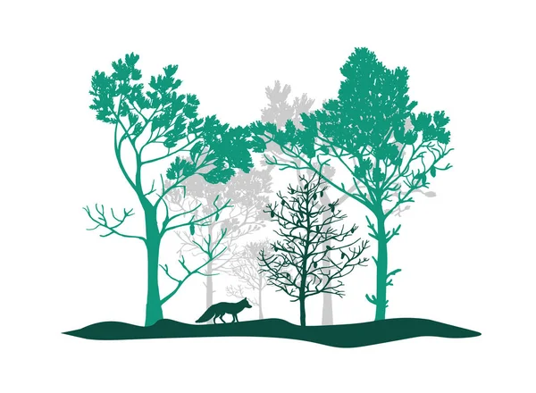 Ensemble Arbres Verts Gris Renard Silhouettes Forêt Animaux Illustration Isolée — Image vectorielle