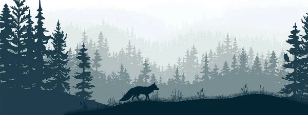 Horizontale Banner Silhouet Van Vos Die Weide Het Bos Staat — Stockvector