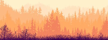 Horizontal banner of forest and meadow, silhouettes of trees and grass. Magical misty landscape, fog. Orange and pink illustration. Bookmark.	