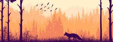 Yatay pankart. Ormandaki çayırda duran tilki silueti. Hayvan silueti, ağaçlar, çimenler. Sihirli sisli manzara, sis. Pembe ve turuncu çizimler. Yer İmi.
