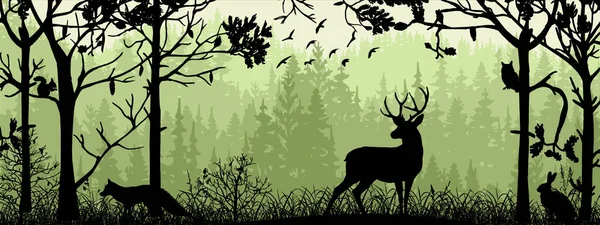 Horizontale Banner Silhouet Van Herten Vos Konijn Weide Het Bos — Stockvector