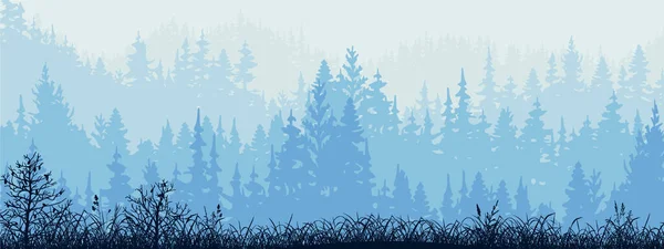 Horizontal Banner Forest Meadow Silhouettes Trees Grass Magical Misty Landscape — Stockvector