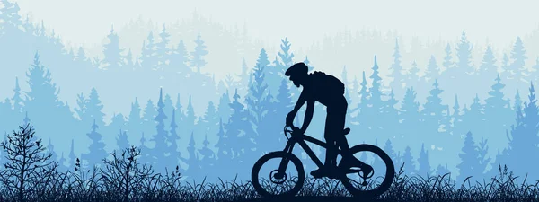 Bannière Horizontale Silhouette Coureur Vtt Sur Prairie Forêt Silhouette Motard — Image vectorielle