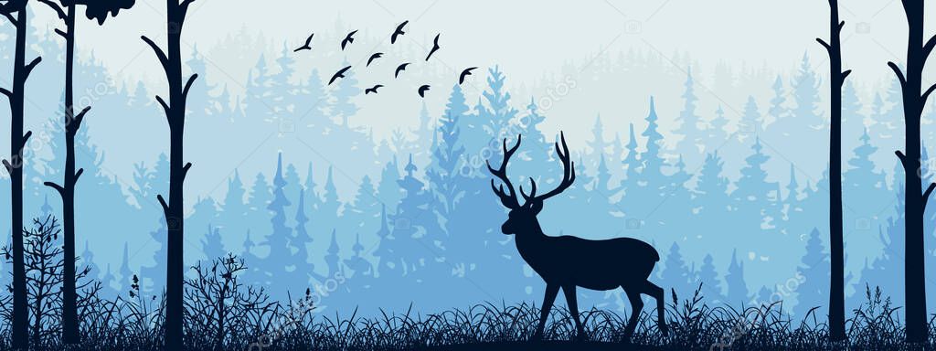 Horizontal banner. Silhouette of deer standing on meadow in forrest. Silhouette of animal, trees, grass. Magical misty landscape, fog. Blue and gray illustration. Bookmark.