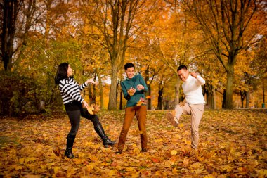 Parkta sonbahar yapraklarıyla oynayan üç arkadaş.