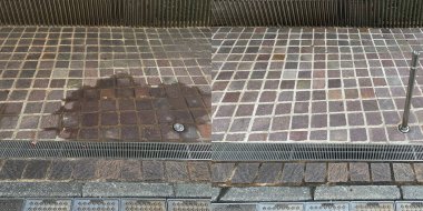 Before and after, oil stain removal and cleaning on an outdoor natural porphyry floor clipart