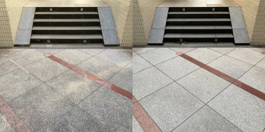 Öncesi ve sonrası, eski bir dış granit zemini temizliyor.
