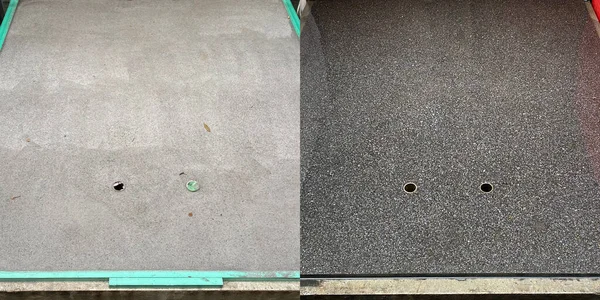 前と後に 小石と黒のコンクリートで新しい床を研磨 — ストック写真