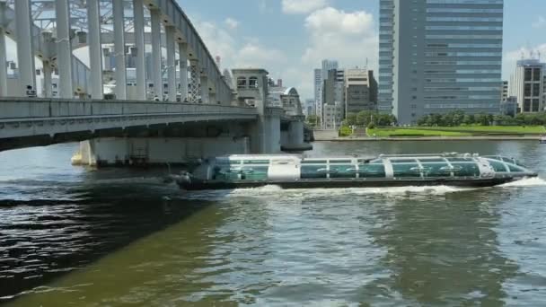 Sumida Flodkryssning Passerar Den Berömda Kachidoki Bron Vacker Solig Dag — Stockvideo