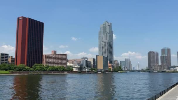 Tokyo Sky Line View Sumida River Side Bakgrunden Den Berömda — Stockvideo