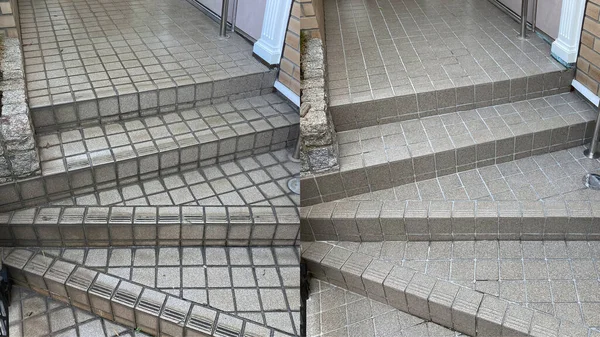 前と後に 古い汚れたタイルの階段を掃除する — ストック写真