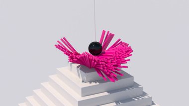 Siyah parlak top pembe blokları yok ediyor. Beyaz merdivenler. Soyut illüstrasyon, 3d canlandırma.