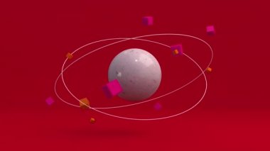 Büyük desenli küre ve dönen küpler. Kırmızı arka plan. Soyut canlandırma, 3 boyutlu canlandırma.