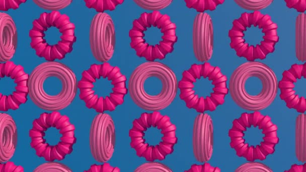 Różowe Teksturowane Pierścienie Obracające Się Niebieskie Tło Animacja Abstrakcyjna Renderowanie — Wideo stockowe