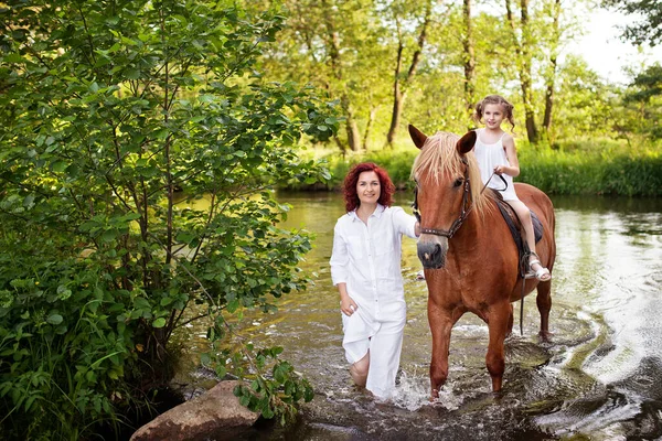 Mother Daughter Riding Horse River Summertime — Stock Photo, Image