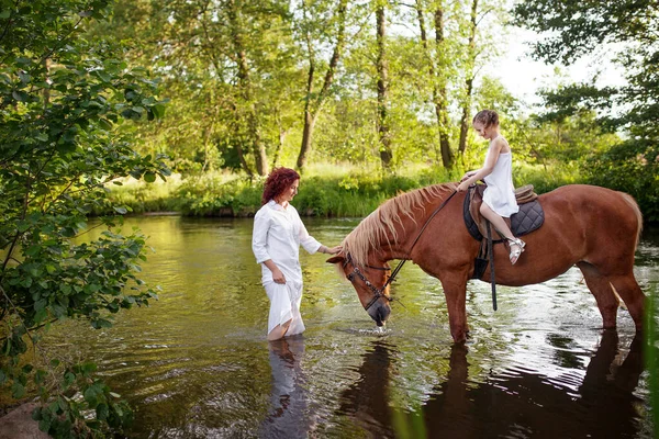 Mother Daughter Riding Horse River Summertime — Stock Photo, Image