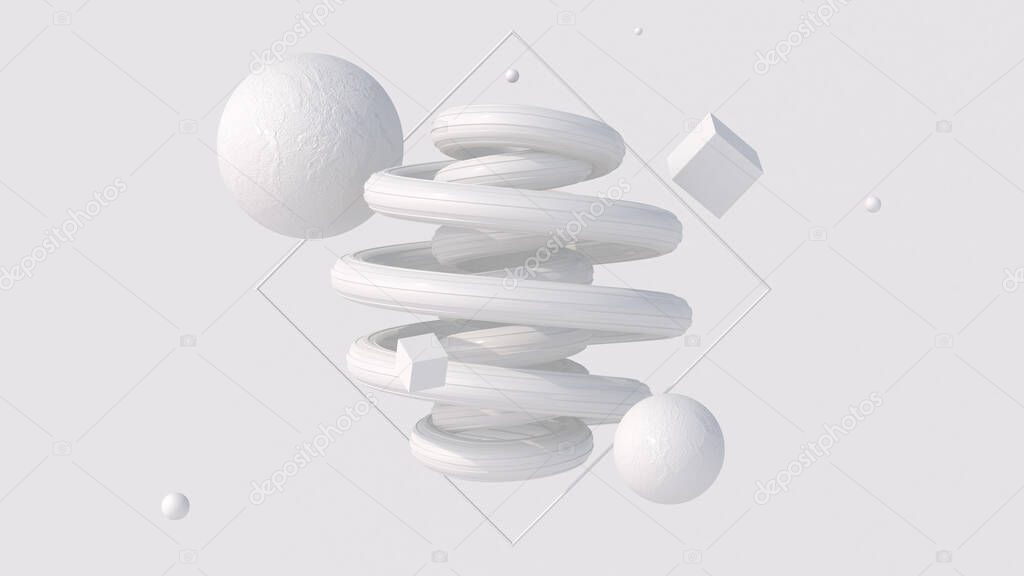 White glossy spiral and textured shapes. Monochrome art composition. Abstract illustration, 3d render.