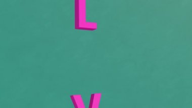 Pembe aşk tipografisi. Yeşil desenli arka plan. Soyut canlandırma, 3 boyutlu canlandırma.