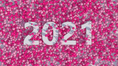 Beyaz 2021 tipografi tasarımı. Pembe parlak toplar. Soyut illüstrasyon, 3d canlandırma.