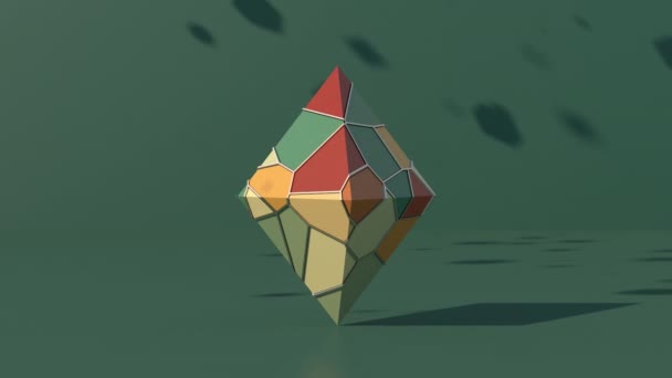 Піраміда Барвистою Поверхнею Зелені Помаранчеві Коричневі Кульки Багатогранники Падають Зелений — стокове відео