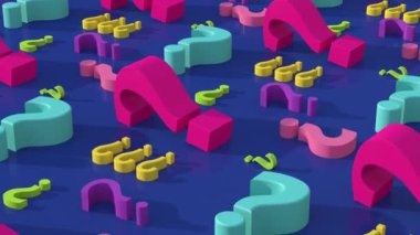 Renkli soru işaretleri grubu. Soyut canlandırma, 3 boyutlu canlandırma.