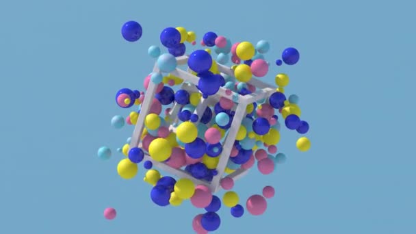 Weiße Würfel Und Leuchtend Bunte Kugeln Fliegen Abstrakte Animation Renderer — Stockvideo