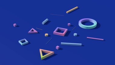 Geometrik şekiller, mavi arka plan, sert ışık. Soyut illüstrasyon, 3d canlandırma.