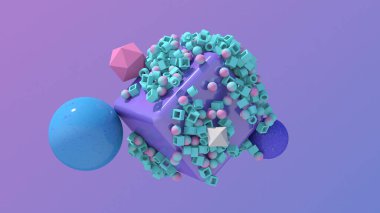 Renkli şekiller uçuşuyor. Soyut illüstrasyon, 3d canlandırma.