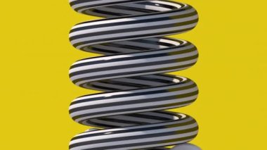 Çizgili siyah-beyaz spiral ve beyaz parlak halkalar. Sarı arka plan. Soyut canlandırma, 3 boyutlu canlandırma.